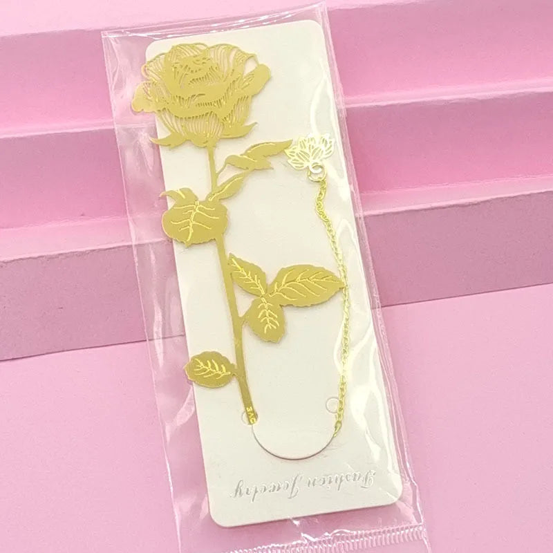 Marque page rose et fleur en métal doré sans boite-1