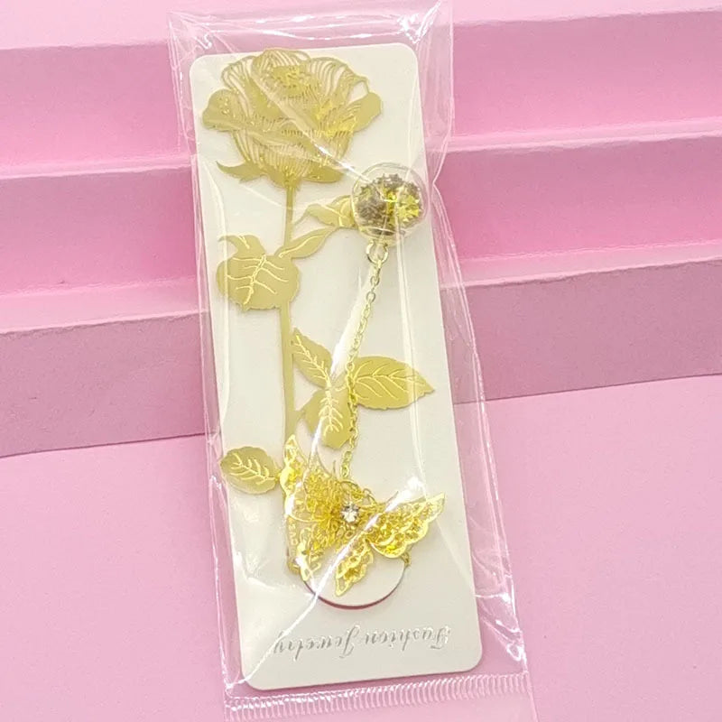 Marque page rose et papillon en métal doré sans boite-1